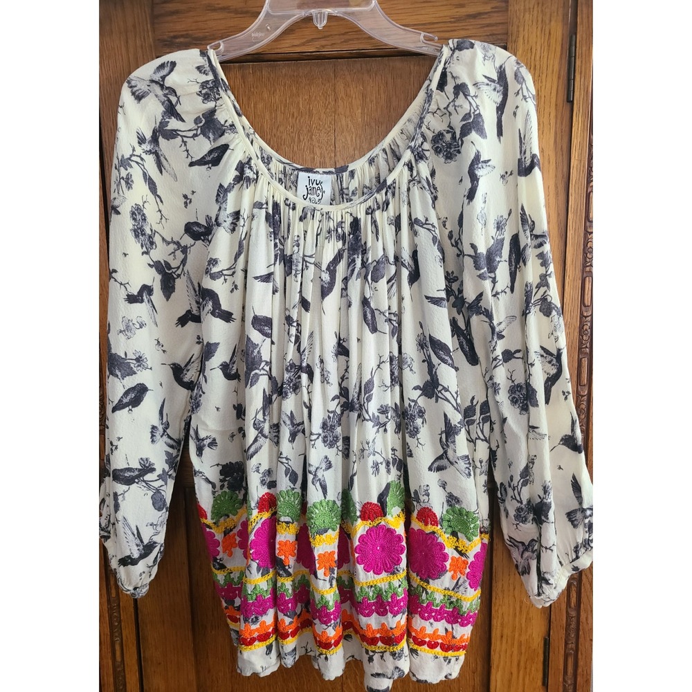 Ivy Jane Bird Print Embroidered Hem Viscose Blouse Ivory Black Small 640016
